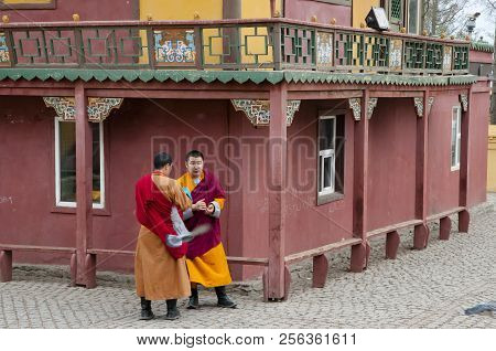 Ulaanbaatar, Mongolia - May 11, 2012: Monks Talking In Gandan Monastery Which Is One Of The Few That
