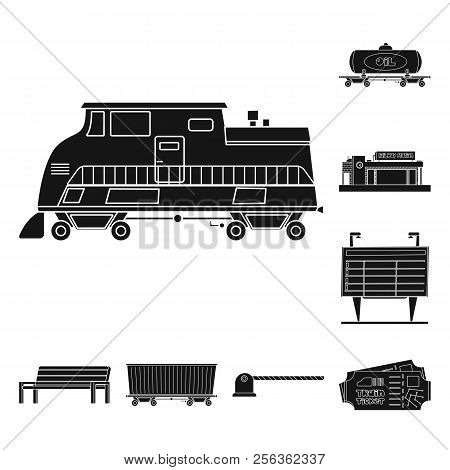 Vector Design Of Train And Station Sign. Collection Of Train And Ticket Vector Icon For Stock.