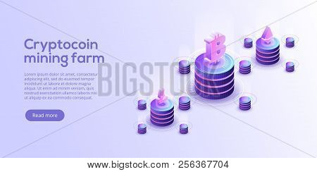 Cryptocoin Mining Farm Layout. Cryptocurrency And Blockchain Network Business Isometric Vector Illus