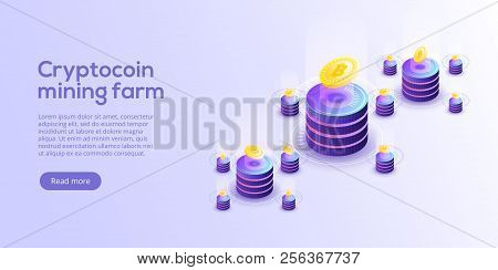Cryptocoin Mining Farm Layout. Cryptocurrency And Blockchain Network Business Isometric Vector Illus