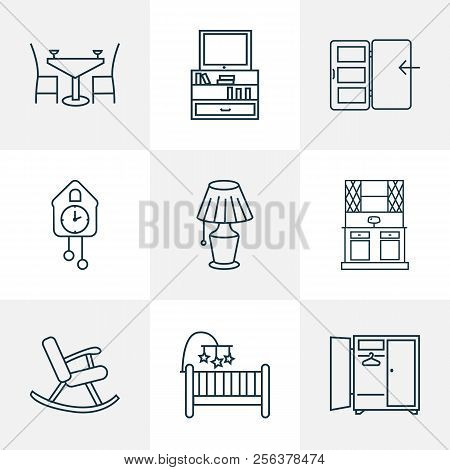 Interior Icons Line Style Set With Tv Stand, Buffet, Wall Clock Cot Elements. Isolated  Illustration