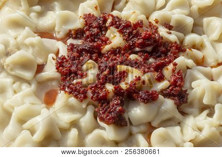 Cropped Shoot Of Tasty Traditional Turkish Ravioli With Tomato Sauce