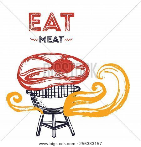 Bbq Grunge Doodle Poster Invitatation In Square Format. Barbecue Party Flyer. Grill Illustration Wit