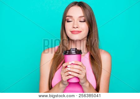 Portrait Of Young Lovely Nice Sweet Girl Lady With Closed Eyes, Holing Paper Cup Of Coffee, Smelling