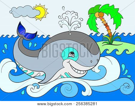 Blue Whale On A Background Of Ocean Color For Children Cartoon Illustration.