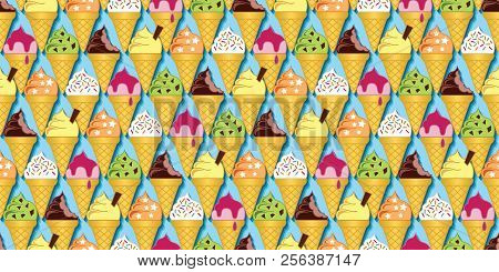 Background Pattern Of Multi-flavored Ice Cream Cones. Seamless Repeat Vector