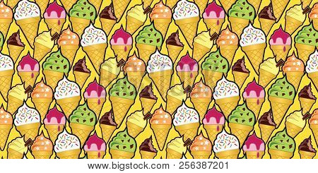 Random Background Pattern Of Multi-flavored Ice Cream Cones. Seamless Repeat Vector