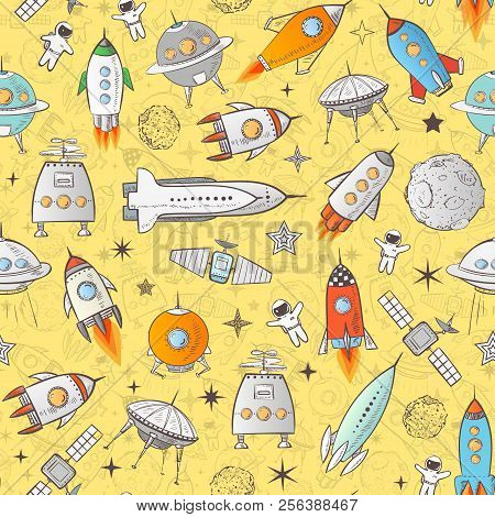 Seamless Pattern With Space Rockets And Other Elements On Yellow Background. Can Be Used For Wallpap