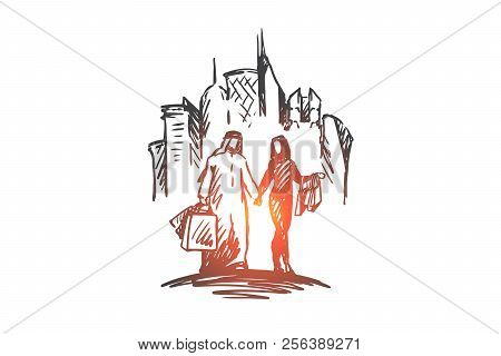 Shopping, City, Muslim, Arab, Islam, Men Concept. Hand Drawn Isolated Vector.
