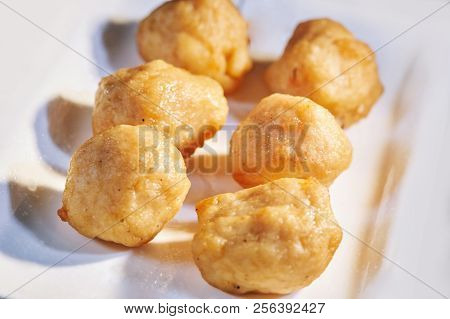 Fried Shrimp Balls (shrimp Meatballs) On A White Plate, Selective Focus With Shallow Depth Of Field,