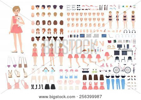 Cute Young Girl Diy Or Constructor Kit. Bundle Of Body Parts In Different Postures, Facial Expressio