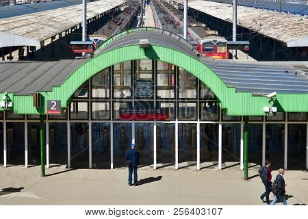 Moscow, Russia - May 21. 2018. Entrance To Suburban Electric Train At Yaroslavsky Railway Station