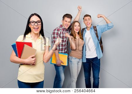 We Successfully Passed The Exam! Smart Brunette In Glasses Stands Against Faculty Youth And Joyfully