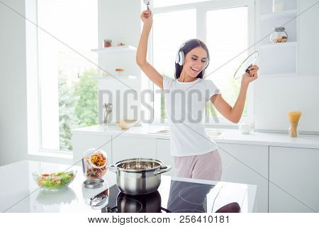 Adorable Nice Charming Cheerful Pretty Beautiful Stylish Excited Girl Listening To Music, Singing In