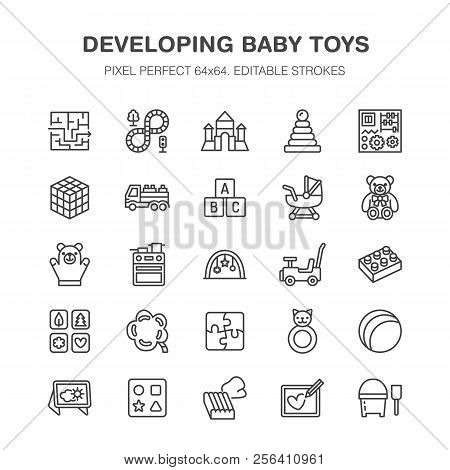 Early Development Baby Toys Flat Line Icons. Play Mat, Sorting Block, Busy Board, Carriage, Toy Car,