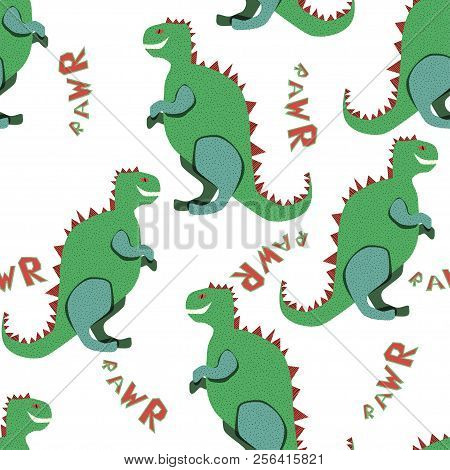 Green Dinosaurs Rawr On The White Background Create A Fun Cartoon Drawing. Urban Backdrop For Textil