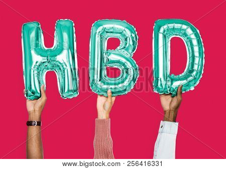 Green alphabet balloons forming the word HBD