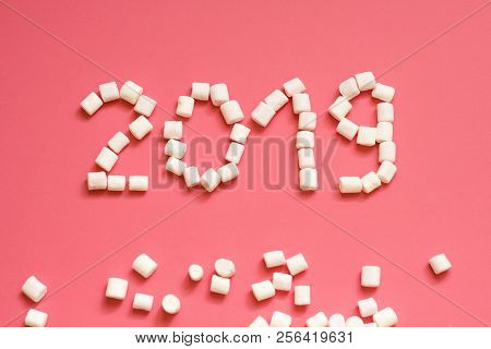 Inscription New Year 2019 Of White Marshmallow On A Pink Background. Top View
