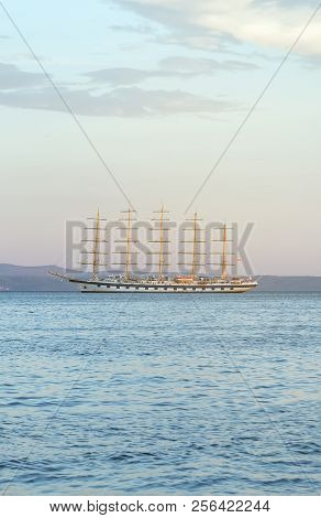 Five Masted Barquentine Moored On The Bay.