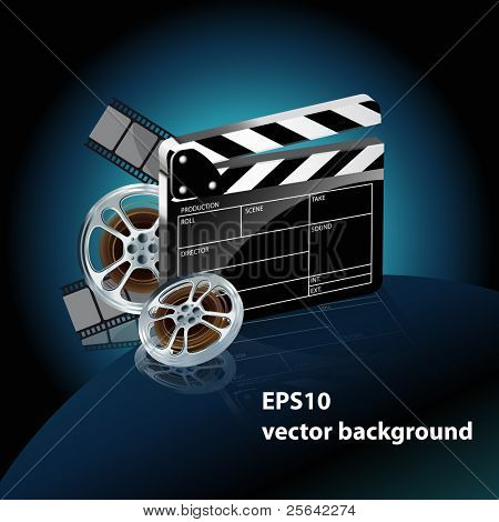 nastro film video con batacchio cinema e pellicola su sfondo blu