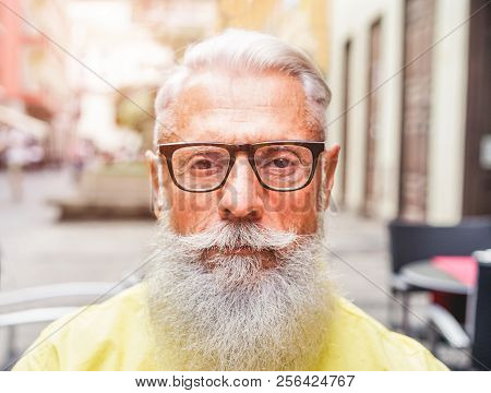 Portrait Of Middle Age Trendy Man With Serious Expression - Close Up Of Bearded Senior Guy - Fashion