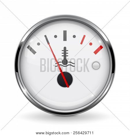 Temperature Car Gauge. White Device With Chrome Frame. Low Level. Vector 3d Illustration Isolated On