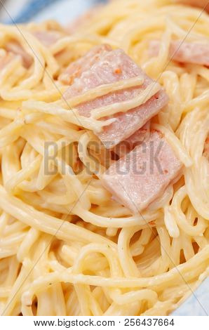 Closeup Of Tasteless Spaghetti Carbonara With Ham