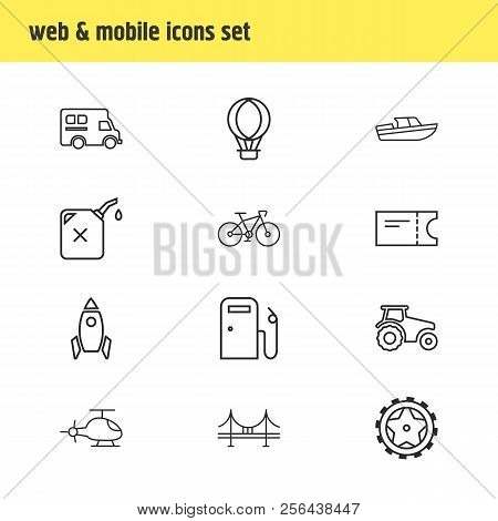 Vector Illustration Of 12 Transportation Icons Line Style. Editable Set Of Tractor, Tyres, Campervan