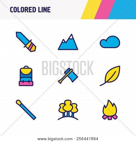 Vector Illustration Of 9 Camping Icons Colored Line. Editable Set Of Forest, Cloud, Axe And Other Ic