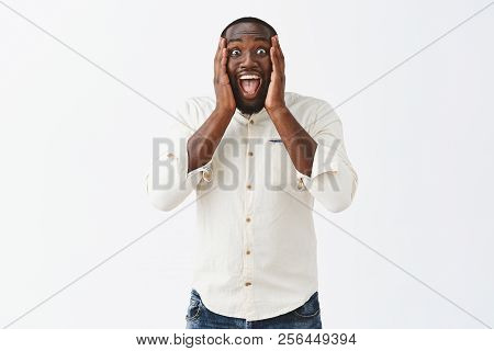 Cannot Believe I Am Richman. Portrait Of Thrilled Amazed Good-looking Happy Dark-skinned Male With S