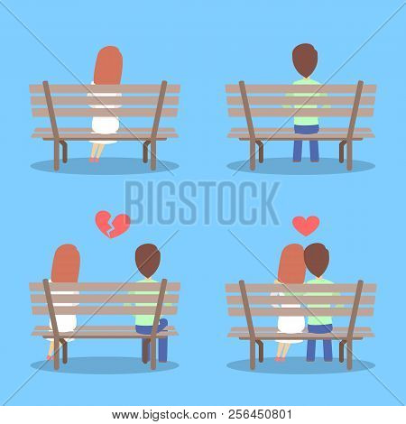 Man And Woman Sitting On The Bench, Falling In Love And Breaking Up.