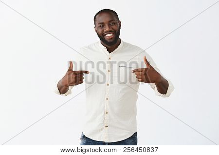 Applause Me It Was Mine Effort. Proud Happy And Pleased Good-looking African American Guy With Beard