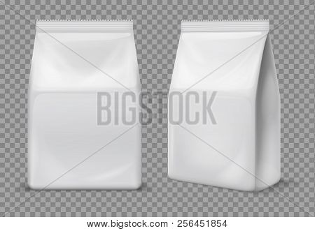 Paper Snack Bag. Food Blank White Sachet, Packaging. 3d Vector Foil Package Isolated Mockup. Snack B