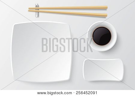 Chopsticks And Empty Sushi Plate. Asian Restaurant Dishes Vector Mockup. Japanese Plate Restaurant F