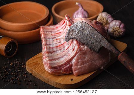Fresh Pork Chop Raw With Ingredient On Datk Background