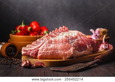 Raw Beef Meat On Black Slate Background, Darkmood
