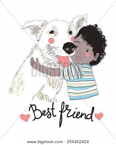 Portrait Of Cute Little African-american Boy Hugging Dog And Best Friend Lettering Handwritten With 