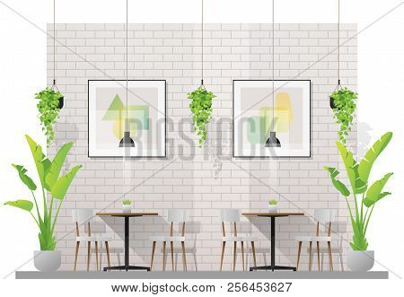 Interior Scene Of Modern Restaurant With Tables And Chairs For Customer , Vector , Illustration
