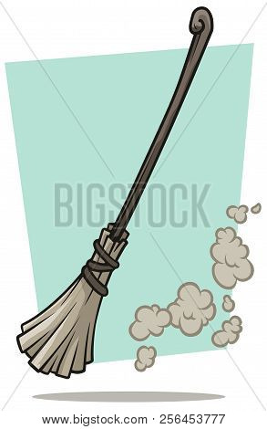 Cartoon Gray Broom Cleaner With Wooden Handle And Dust On Blue Background. Vector Icon.