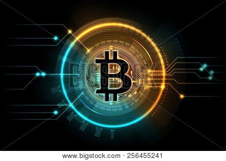 Gold Bitcoin. Mining Business Symbol, Internet Exchange Digital Market. Cryptocurrency, Blockchain T