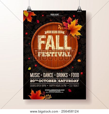 Autumn Party Flyer Illustration With Falling Leaves And Typography Design On Vintage Wood Barrel. Ve