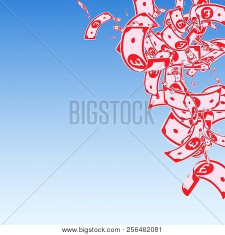 British Pound Notes Falling. Messy Gbp Bills On Blue Sky Background. United Kingdom Money. Beauteous