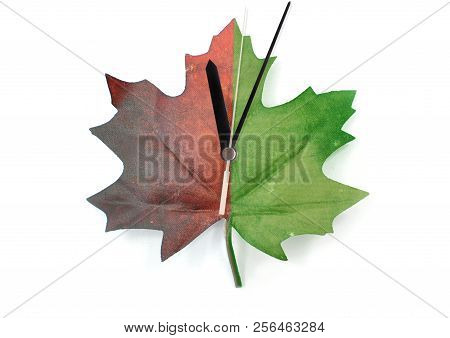 Autumn Maple Leaf Partially Green And Red Time Change Clock
