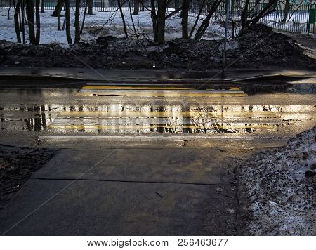 Sphalt Footpath In The Yard In The Snow, Moscow