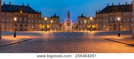 Statue Of Frederick V At The Centre Of The Amalienborg Palace Square And Amalienborg Palace In Copen