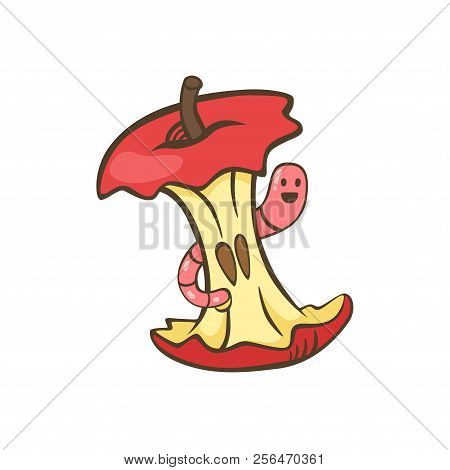 Red Apple Core With Worm Cartoon Isolated Vector. Apple Stump With Worm Vector Illustration.