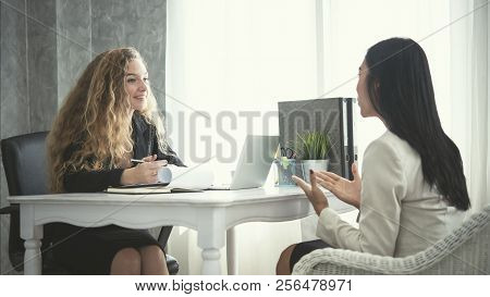 Young Business Woman Applicant And Human Resources His Conversation Recruitment Procedure In Corpora