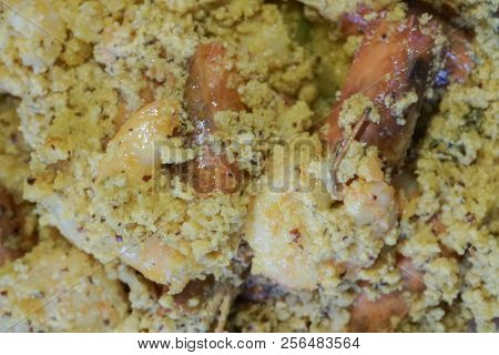 Spicy Indian Prawn Food Dish, Prepared With Coconut For Nice Taste. Close Up Image Of The Prawns Bei