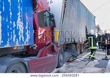 The Collision Of Two Trucks In Latvia, On The A8 Road, Occurred On August 23, 2018