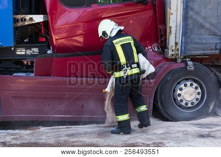 The Collision Of Two Trucks In Latvia, On The A8 Road, Occurred On August 23, 2018